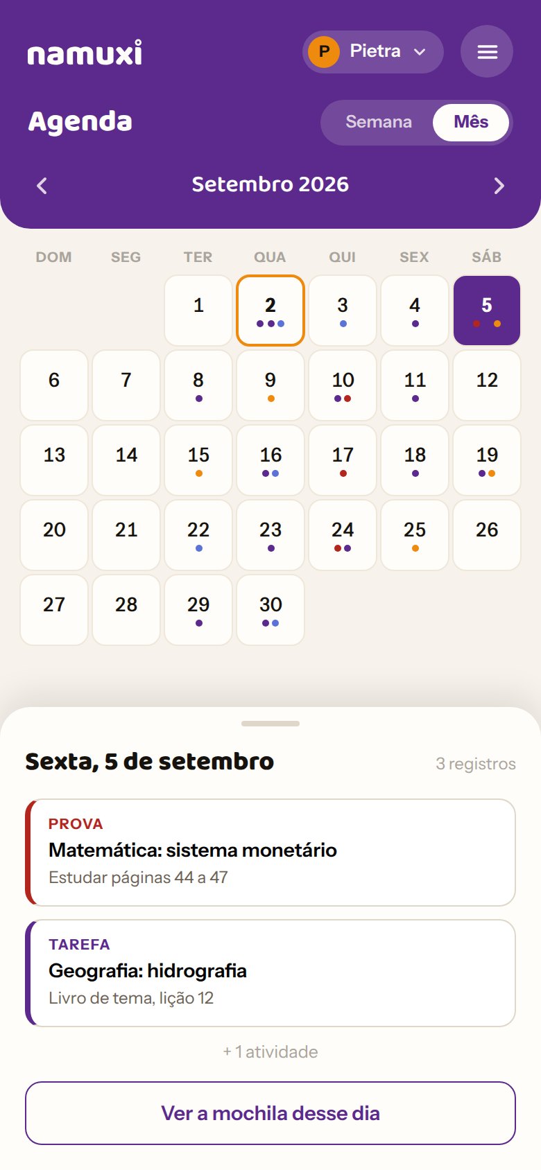 Tela da agenda mensal do namuxi, com provas e entregas marcadas
