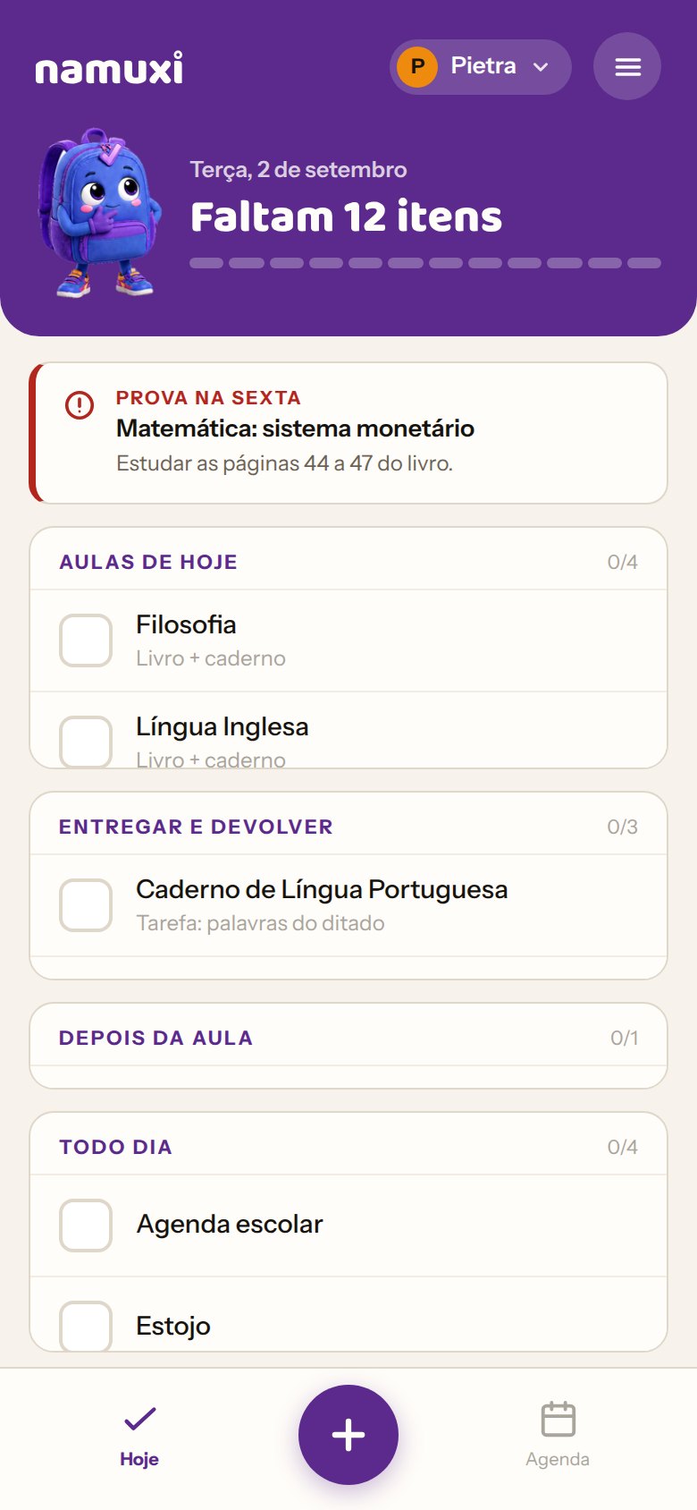 Tela do namuxi mostrando a lista do dia com doze itens a conferir