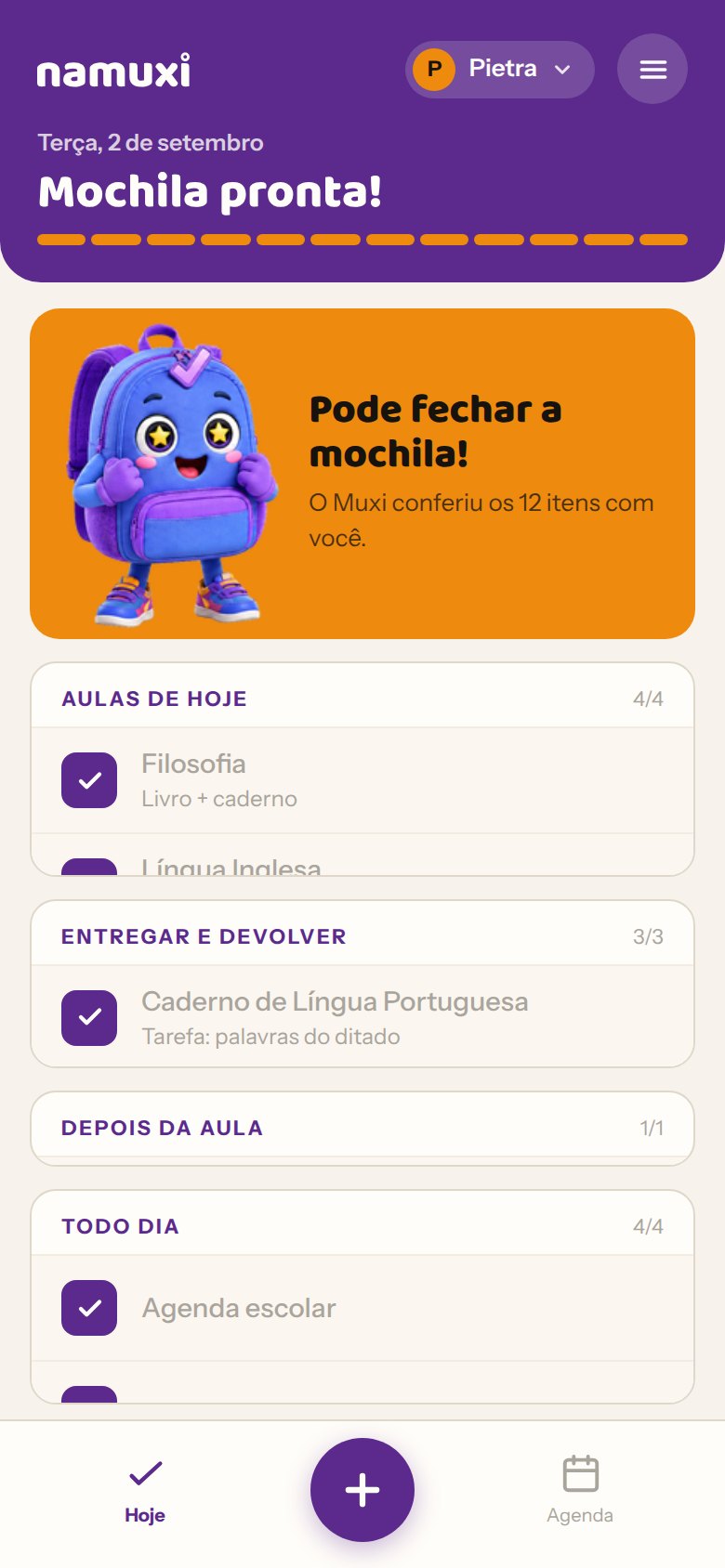 Tela do namuxi com todos os itens marcados e o aviso de que a mochila está pronta