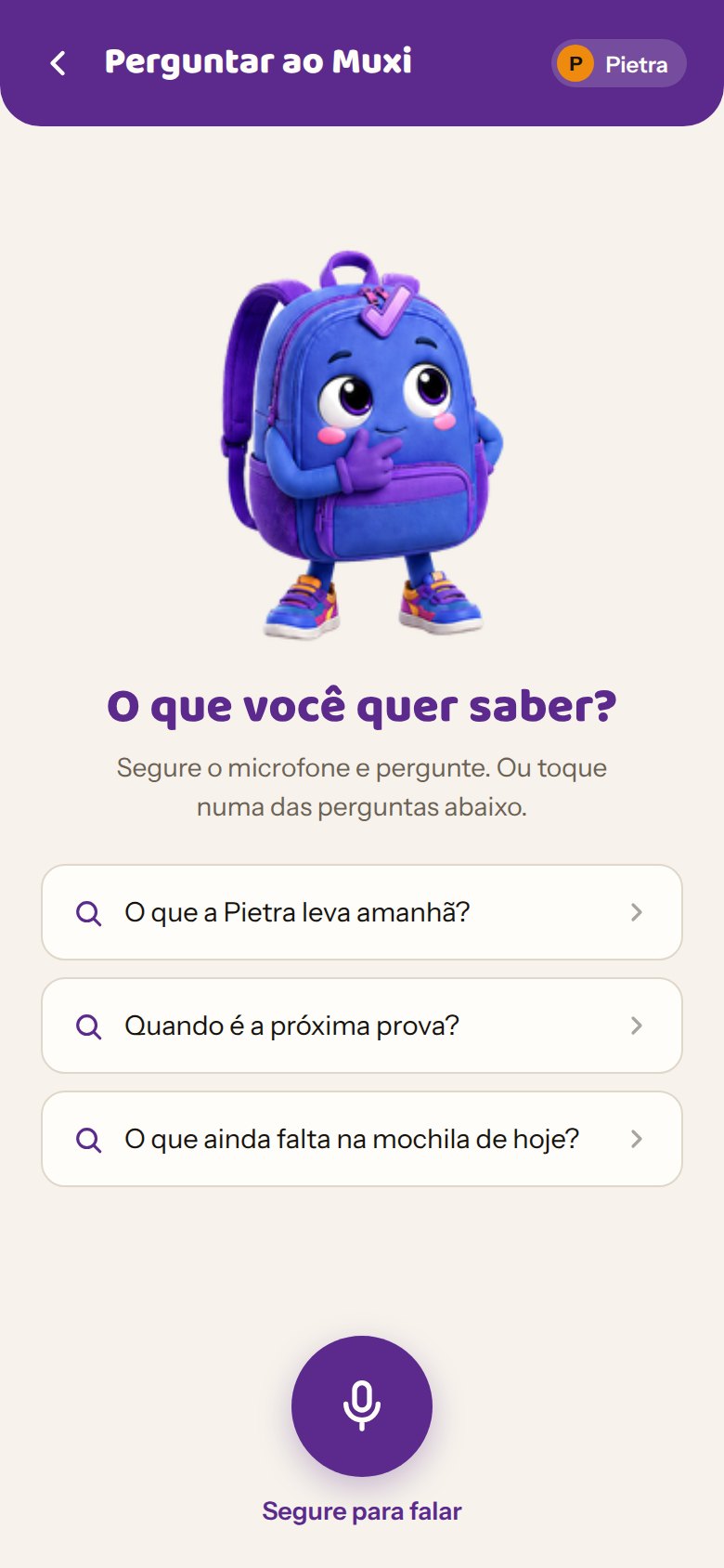 Tela em que a criança pergunta ao Muxi o que falta na mochila