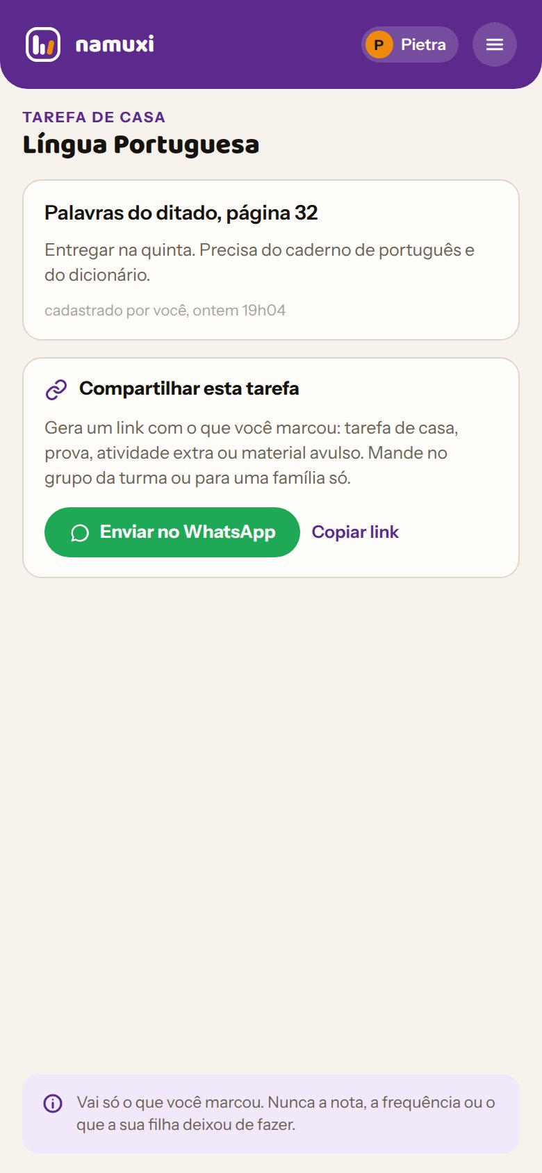 Tela do namuxi com a opção de compartilhar a tarefa e enviar pelo WhatsApp