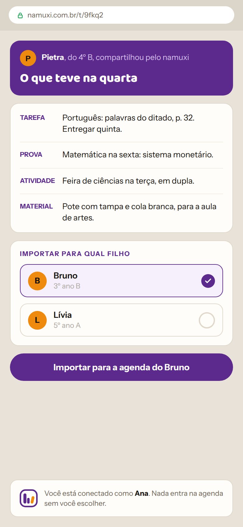 O link aberto no navegador, mostrando quem compartilhou e a escolha de para qual filho importar